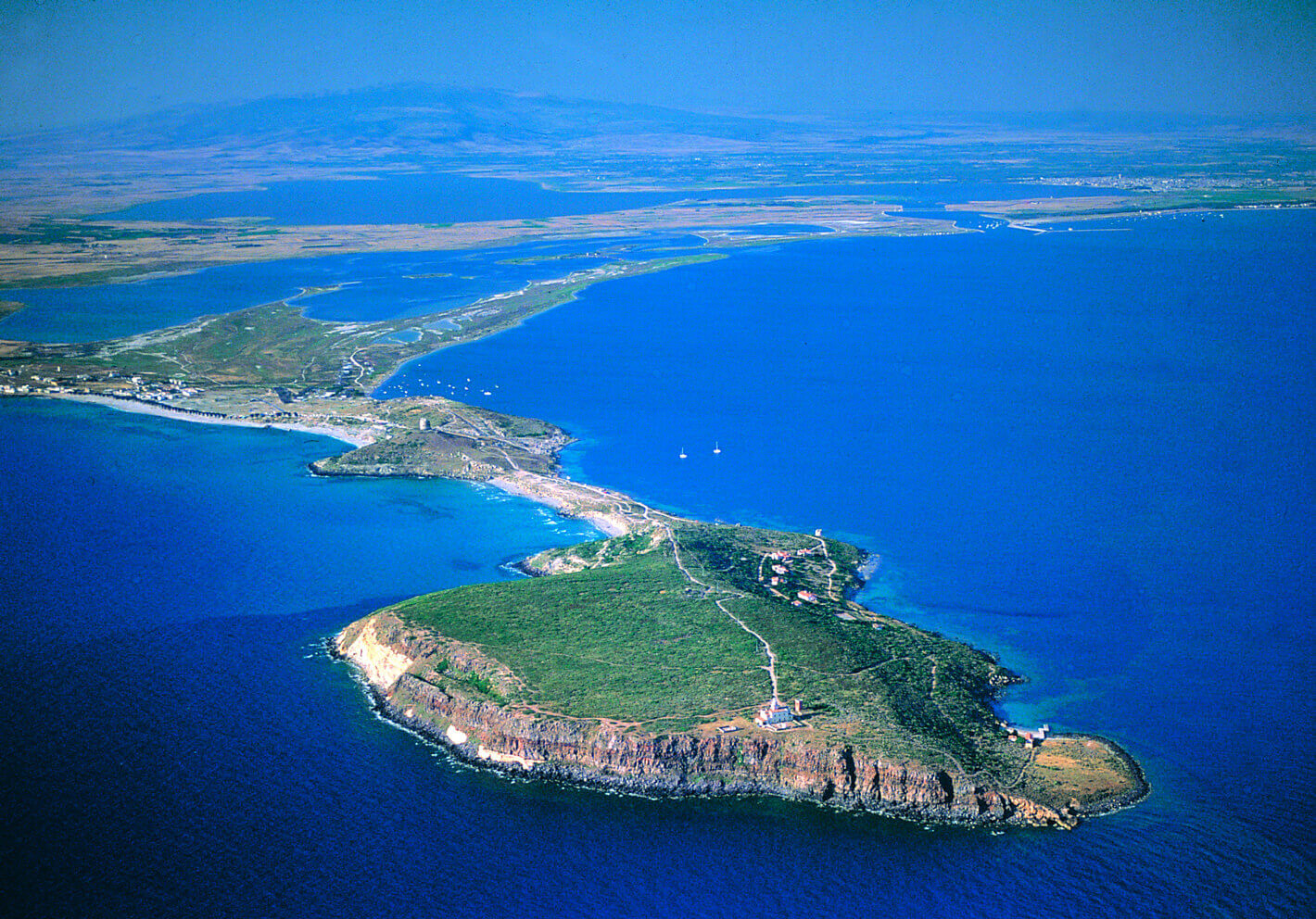 Aerial view of Capo San Marco, the southernmost tip of the Sinis peninsula